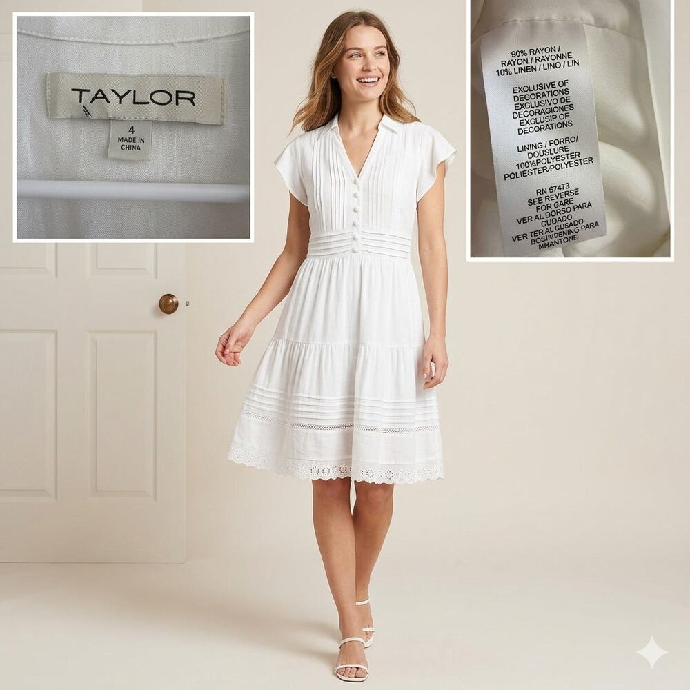 Taylor Size 4 Short Sleeve White Dress With Floral Lace Detailing and Pockets